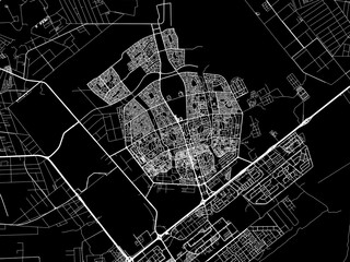 Vector road map of the city of Al 'Ashir min Ramadan in Egypt with white roads on a black background.