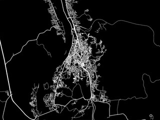 Vector road map of the city of Aswan in Egypt with white roads on a black background.