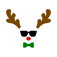 Tiempo de Navidad. Logo con reno Rudolph con gafas de sol, hocico color rojo, astas y corbata de lazo para su uso en tarjetas y felicitaciones