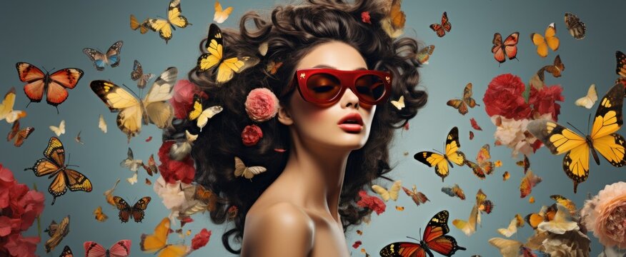 Beautiful woman with voluminous hair with butterflies and flowers, wearing bold red sunglasses. Concept of beauty, nature, fashion, spring, and transformation in a surreal composition.