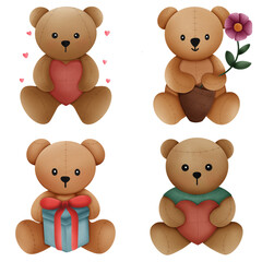 set of teddy bears holding heart flower and gift box, Valentine’s Day 