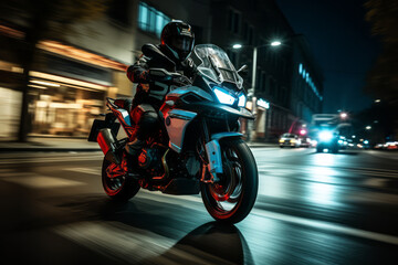 A motorcyclist rides at high speed along a city street at night.