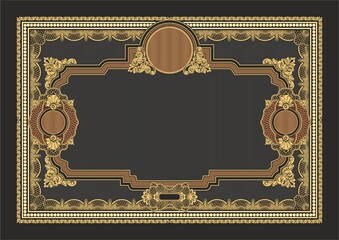Blank horizontal form for creating certificates, diplomas or other securities and documents. Made in a classic style with rococo elements in gold tones on a black background. A4 format.