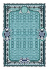 Vertical form for creating certificates, diplomas, bills and other securities. Classic design in blue and white. A4 format.