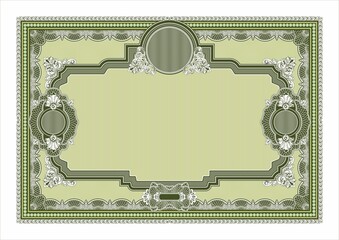 Blank horizontal form for creating certificates, diplomas or other securities and documents. Made in a classic style with rococo elements in green tones. A4 format.