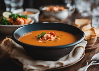 New England Lobster Bisque soup in white plate 

