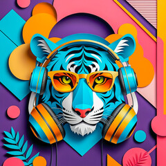 illustration of paper art tiger with headphones and sunglasses on the abstract background.	