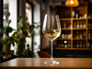 A chilled glass of white wine resting on a wooden bar. AI Generation.