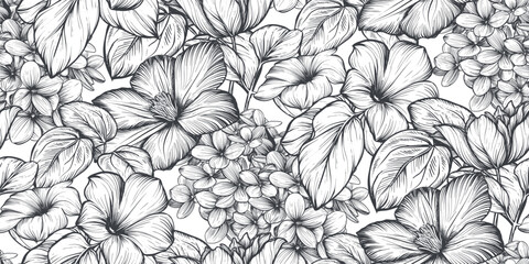 Beautiful hand drawn vector seamless pattern with black and white garden flowers, clematis, hydrangea, begonia - 689085768