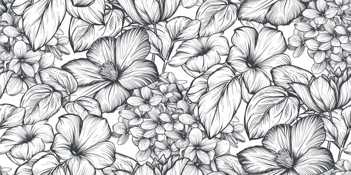 Beautiful hand drawn vector seamless pattern with black and white garden flowers, clematis, hydrangea, begonia