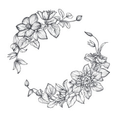 Vector wreath with hand drawn blooming garden flowers and leaves.