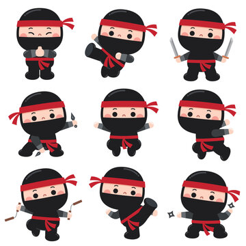 A fun and adorable cartoon-style illustration featuring ninja characters dressed in black outfits with red headbands. The ninjas are depicted in different action poses