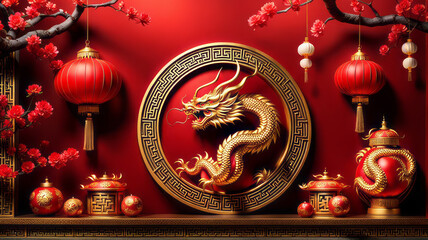 Happy Chinese New Year 2024 the dragon zodiac sign with flower, lantern, elements with red and gold...