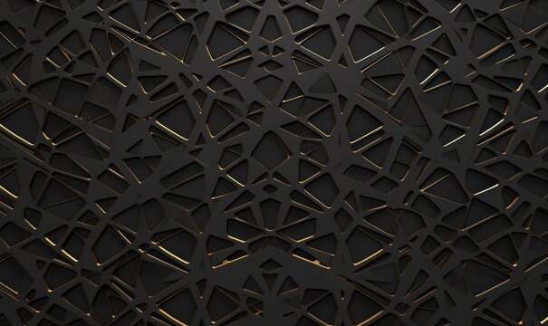 3D Wallpaper stylization of black metal grid and black background with golden dots. High quality seamless realistic texture, Generative AI