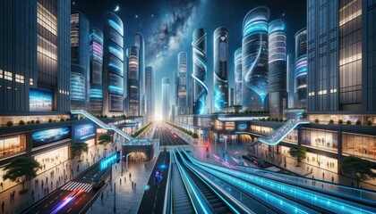 Obraz premium A dazzling metropolis awash with neon lights outlines a science fiction cityscape teeming with activity at night