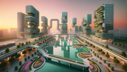 Fototapeta na wymiar Calm waters reflect a serene cityscape of lit futuristic structures during the magical golden hour