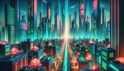 Neon flair dominates a vibrant cyberpunk cityscape, resonating with life and color in a captivating nocturnal setting