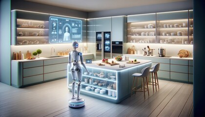 High-tech kitchen featuring a robot chef using a holographic interface to access recipes and...