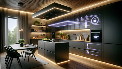 Futuristic smart kitchen interior with neon lighting and advanced digital interfaces