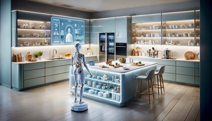 In a futuristic kitchen, a sleek robot stands amidst modern furniture, admiring the clean lines of...