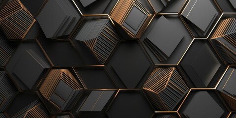 3d illustration. Seamless geometric wallpaper made of metallic black and gold hexagons randomly arranged on a gray background. High quality seamless realistic texture, Generative AI