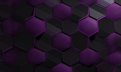 Black geometric seamless pattern with purple stripes. Hexagon tiles with black metallic decor and relief materials. 3D render, Generative AI - obrazy, fototapety, plakaty