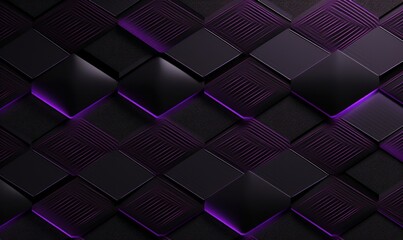 Black geometric seamless pattern with purple stripes. Hexagon tiles with black metallic decor and relief materials. 3D render, Generative AI