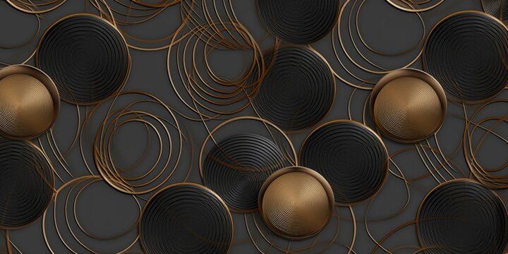 3d illustration. Seamless geometric wallpaper made of metallic black and gold circles randomly arranged on a gray background. High quality seamless realistic texture, Generative AI