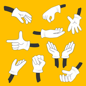 A set of hands in white gloves drawn in a cartoon style. Vector different hands on ice. Non-verbal or manual communication, hand language, hand signs.