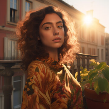 A woman, wearing a colorful floral shirt, standing on a balcony, city backgroound, captured during the golden hour