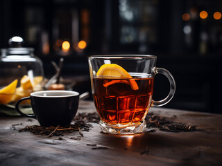 A cozy scene with a teacup filled with black tea, a favorite drink. AI Generation.