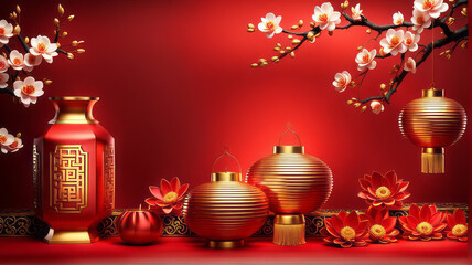 Happy Chinese New Year 2024 the dragon zodiac sign with flower, lantern, elements with red and gold color. background. Copy space