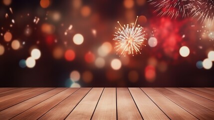 Naklejka na ściany i meble Wood floor empty with bokeh lights on fireworks background, Advertisement, Print media, Illustration, Banner, for website, copy space, for word, template, presentation