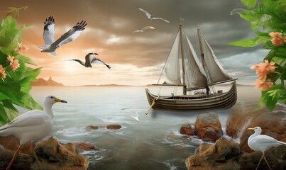 beautiful 3d wallpaper with bird and boat, Generative AI