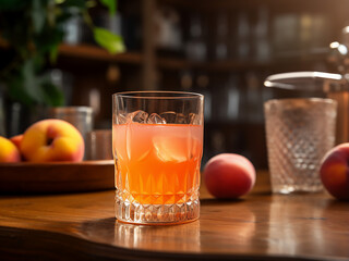 A refreshing glass of peach juice at the bar. AI Generation.
