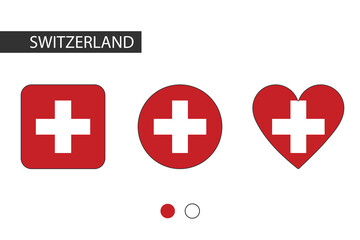 Switzerland 3 shapes (square, circle, heart) with city flag. Isolated on white background.