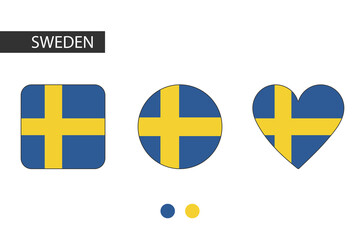 Sweden 3 shapes (square, circle, heart) with city flag. Isolated on white background.