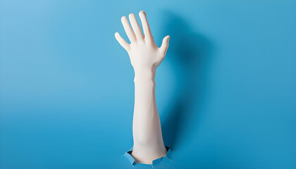 Raised human hand on blue background.