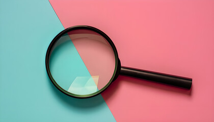 Magnifying glass on double color background pink and blue
