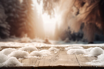 Wooden desk of free space for your decoration. Winter landscape of mountains. Board cover of snow...