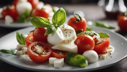 Foto op Plexiglas White plate of classic delicious caprese salad with ripe tomatoes, mozzarella and fresh basil leaves  © abu