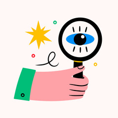 Human hand with magnifying glass. Big eye on lens. Searching, finding, web surfing, looking for opportunities concept. Hand drawn Vector illustration. Isolated design element. Logo, icon template - 689088527