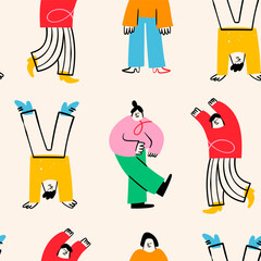 Various abstract People. Young men and women standing together in colorful clothing. Different poses. Cartoon style characters. Hand drawn trendy Vector illustration. Square seamless Pattern