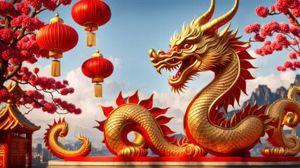 Happy Chinese New Year 2024 the dragon zodiac sign with flower, lantern, elements with red and gold color. background. Copy space