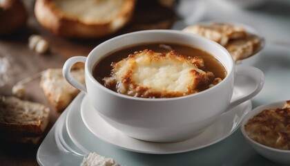 delicious French Onion Soup in white plate

