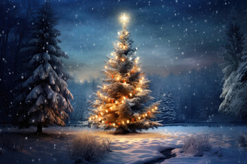 A beautiful, fabulous, decorated Christmas tree in the winter forest at night