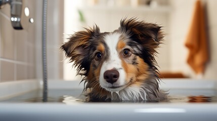 A dog sitting in the bathtub