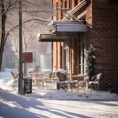 Cozy outdoor street cafe with a sign. Vintage cafe bakery or restaurant. Romantic date. Winter snowy furniture on a terrace - 689088993