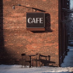 Cozy outdoor street cafe with a sign. Vintage cafe bakery or restaurant. Romantic date. Winter snowy furniture on a terrace - 689089120