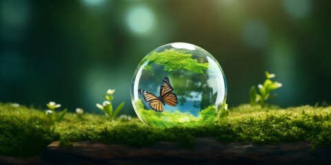 Obraz na płótnie Canvas World environment day concept.Globe Glass with butterfly. circular economy renewable energy. sustainable development goals.Environmental protection renewable energy, green business, Generative AI